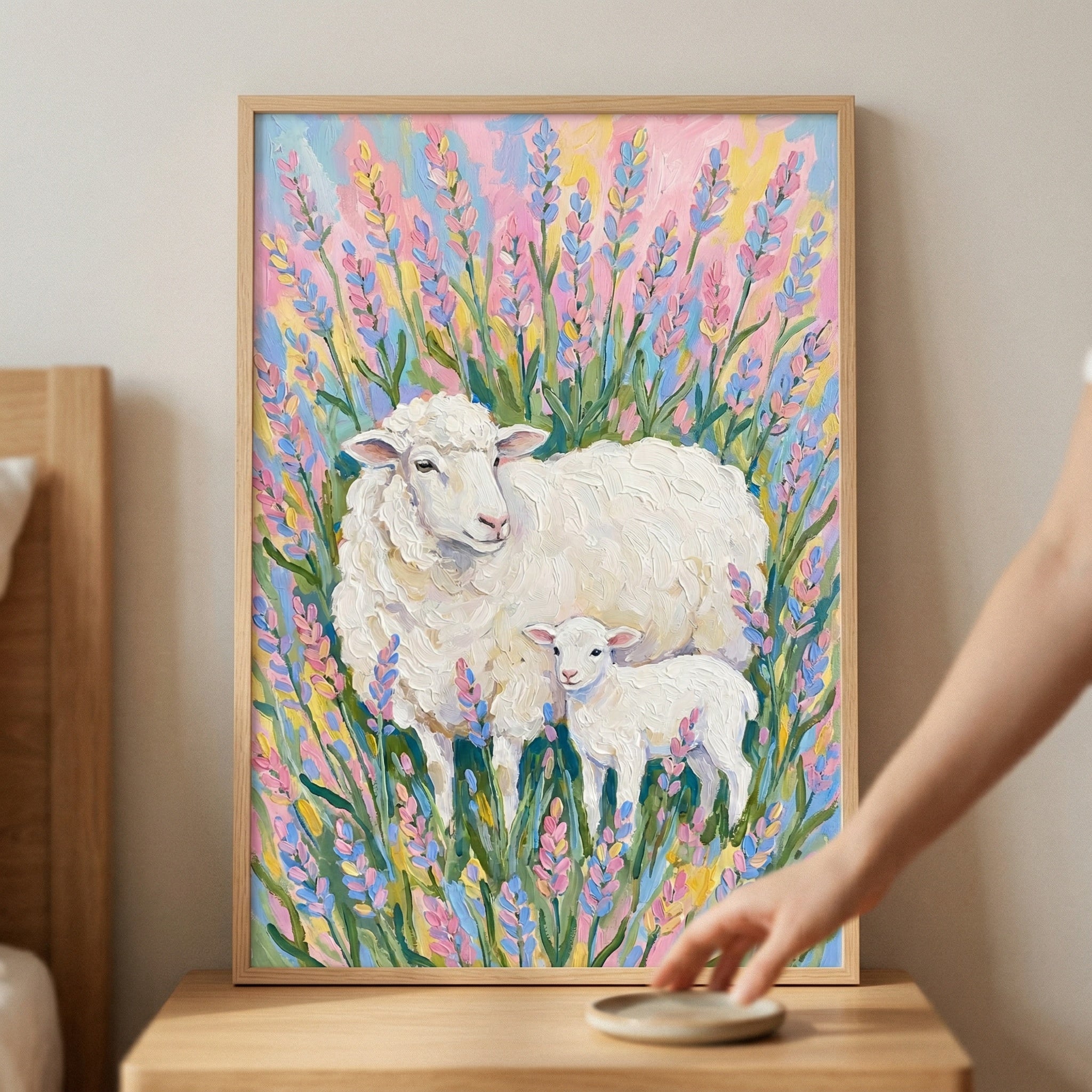 Thick Impasto Lavender Sheep Wall Art - Pastel Meadow Sheep