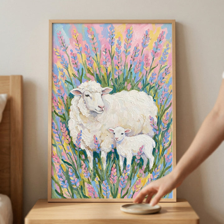 An expressive piece of art depicting a mother ewe and her small lamb nestled among tall, colorful floral stalks. The style features thick, textured application of color, creating a vibrant scene with visible strokes. A soft sky of pastel pinks and blues provides a gentle backdrop. The animals are rendered in creamy whites, standing in a field of purple and pink flowers. The framed work sits on a wooden nightstand, adding a warm and rustic feel to the interior space.