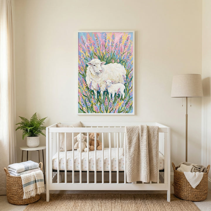 This image shows a bright and serene nursery with a neutral color palette. Centered against a cream-colored wall is a white wooden crib. Above the crib hangs a large, framed piece of artwork depicting a thick-coated white sheep and its small lamb standing amidst a lush field of tall, vibrant purple, pink, and yellow flowers.

The crib is neatly made with a white mattress cover featuring a light-colored polka-dot pattern. A textured, beige knitted blanket is draped over the right side of the crib's railing. 