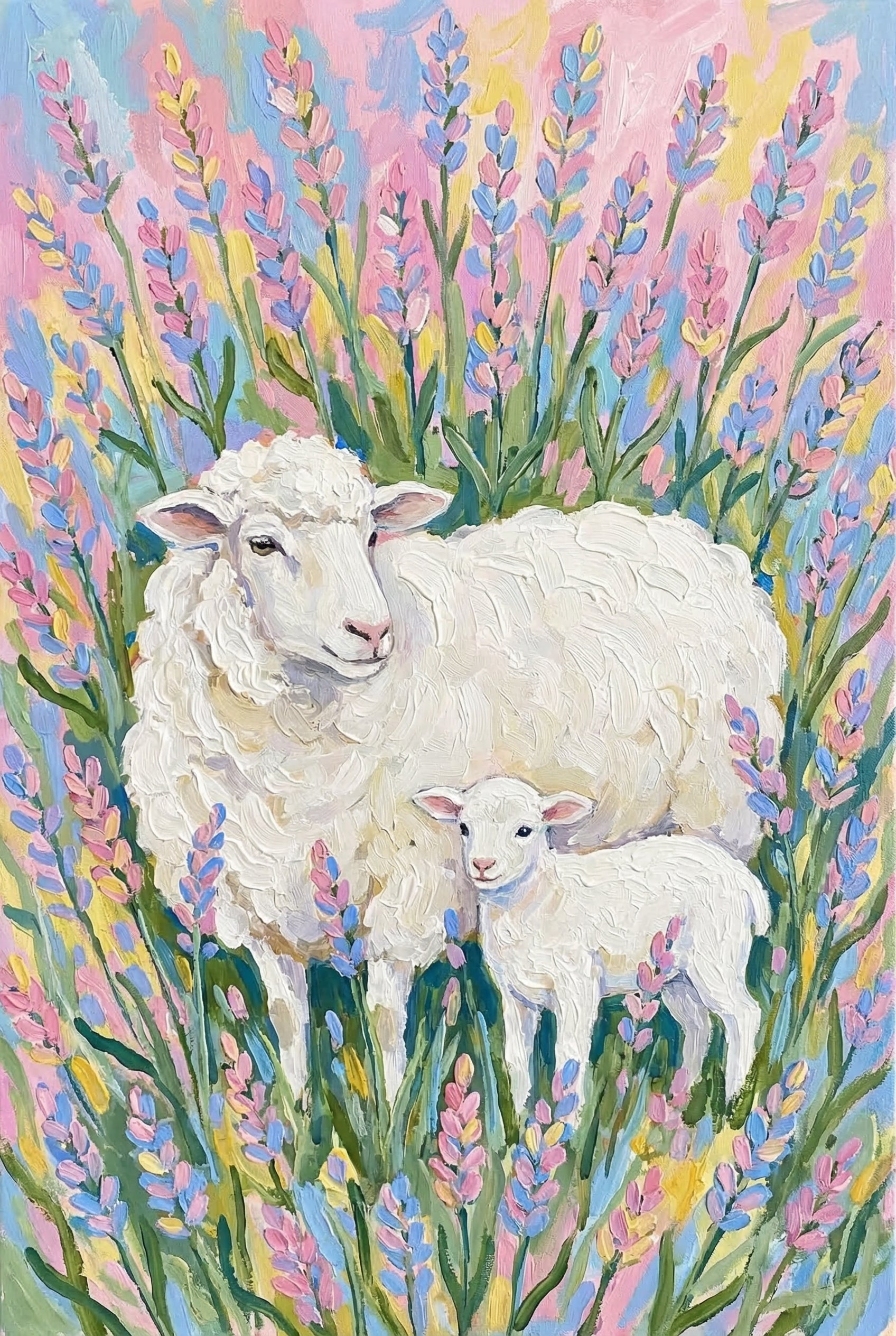 Thick Impasto Lavender Sheep Wall Art - Pastel Meadow Sheep