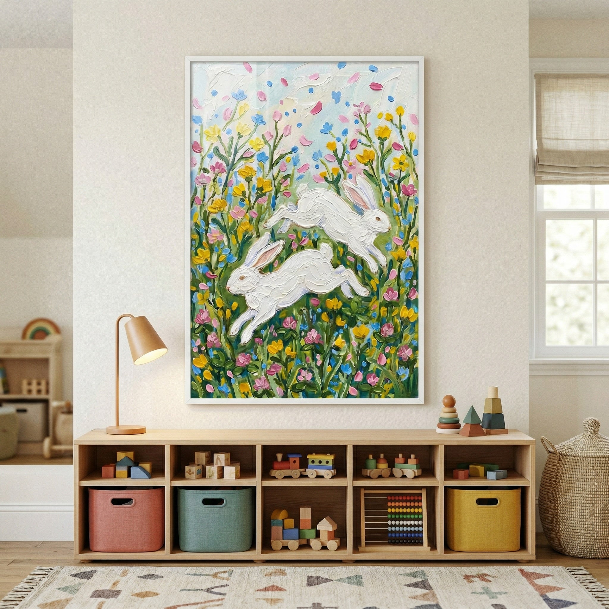 A bright and inviting child's room features a large, vertically-oriented framed piece of textured art as its centerpiece. The artwork depicts two energetic white rabbits leaping through a vibrant meadow of colorful wildflowers in hues of yellow, pink, and blue. 