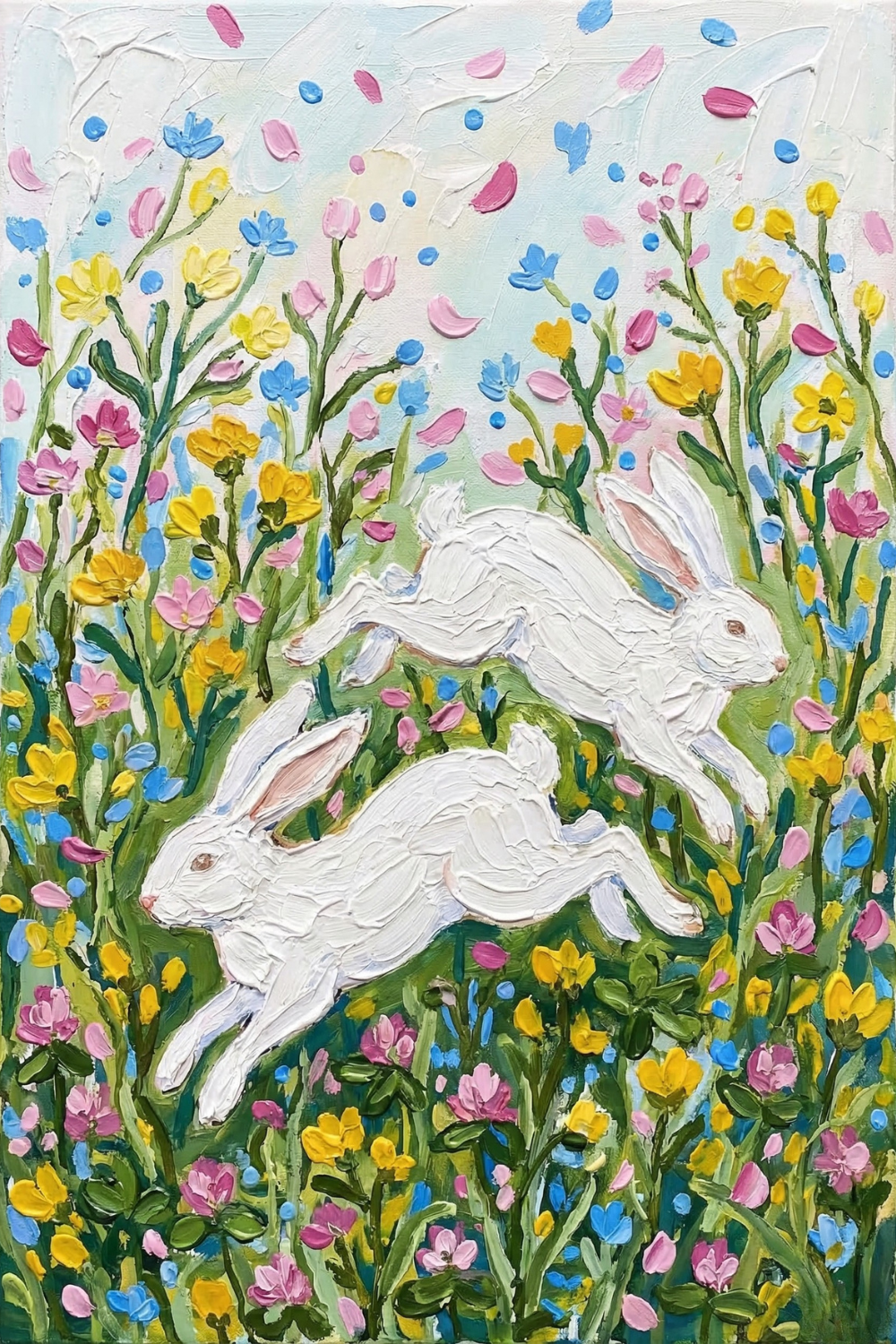 Two white rabbits leap through a lush field of colorful wildflowers in shades of yellow, pink, and blue. Petals float in the air around them, adding movement and a lively, playful energy to the scene.
