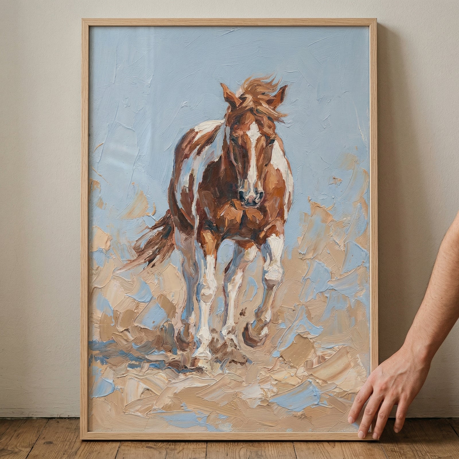 A piece of impasto art depicting a brown and white horse in motion. The subject is rendered with thick, expressive textures. The animal appears to be moving through a dusty or sandy landscape, with swirls of beige, tan, and light blue beneath its hooves. A pale blue sky forms the background. 
