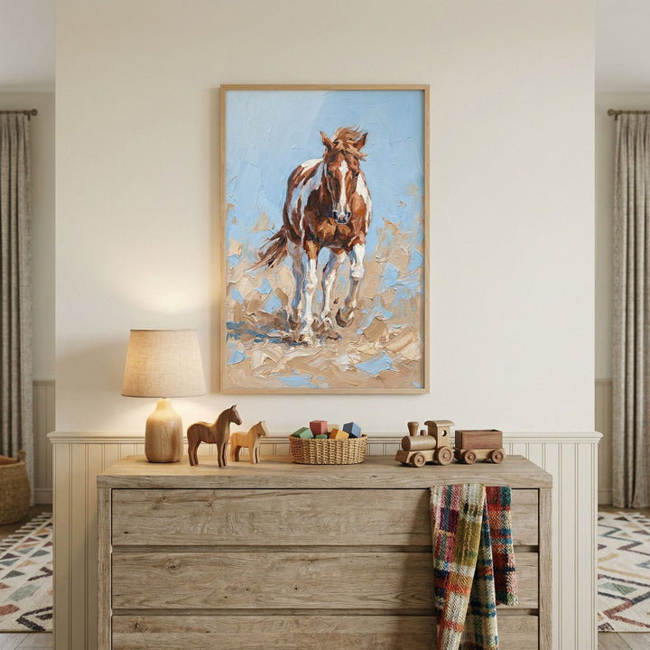 A vertical rectangular artwork, rendered in a textured impasto style, hangs on a light-colored wall. The image depicts a brown and white pinto horse galloping forward through a sandy, sun-drenched landscape under a clear blue sky.