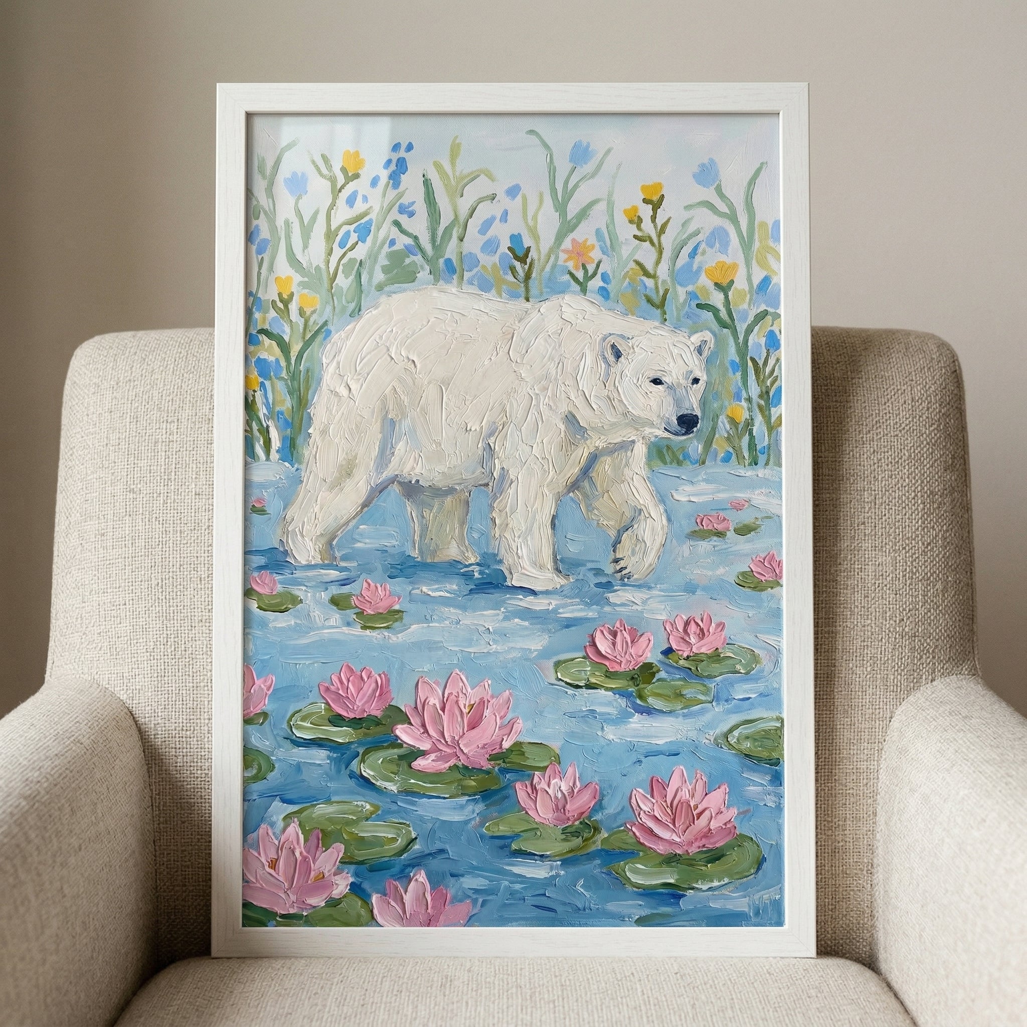 Thick Impasto Polar Bear Wall Art - Arctic Lily Stroll