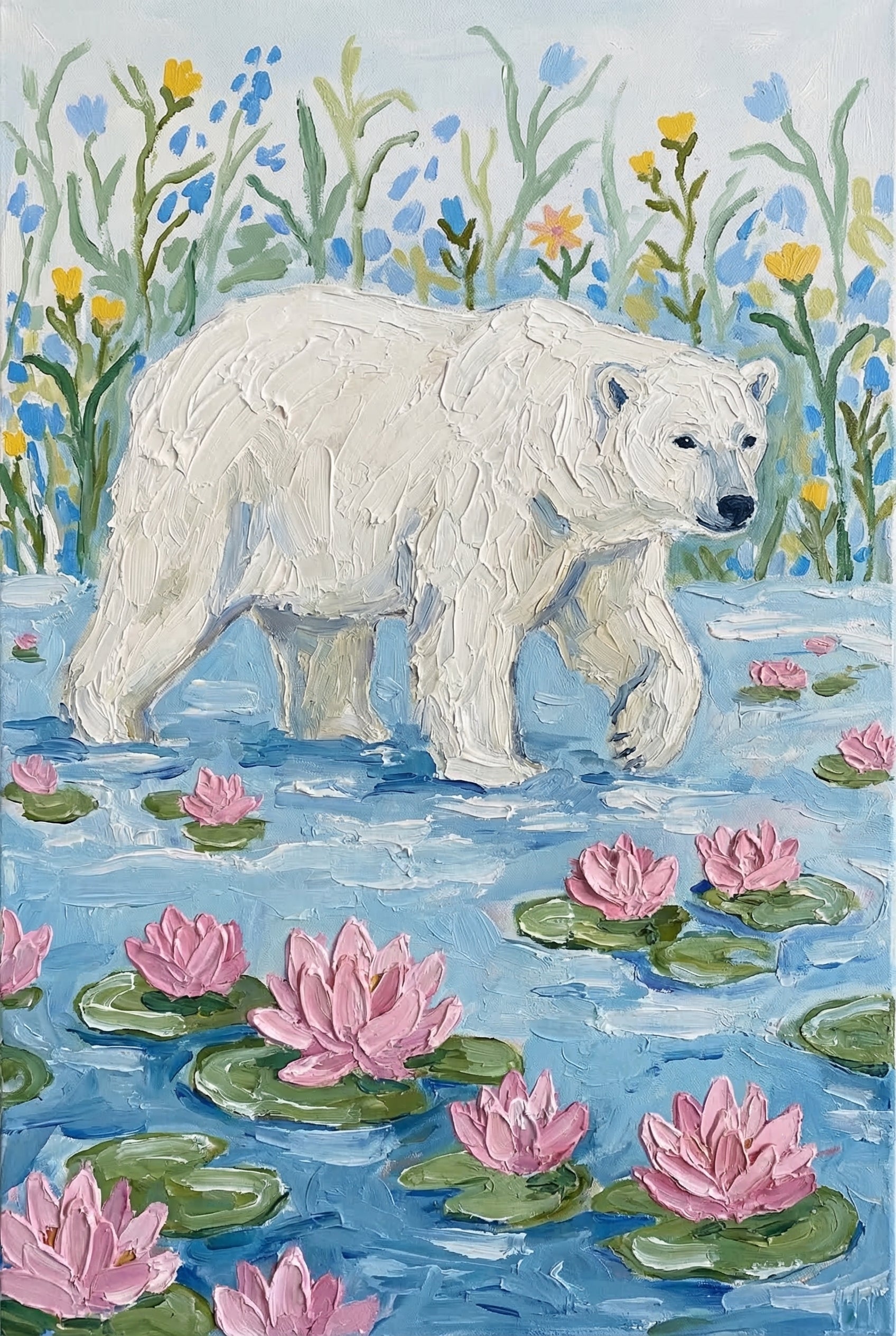 Thick Impasto Polar Bear Wall Art - Arctic Lily Stroll