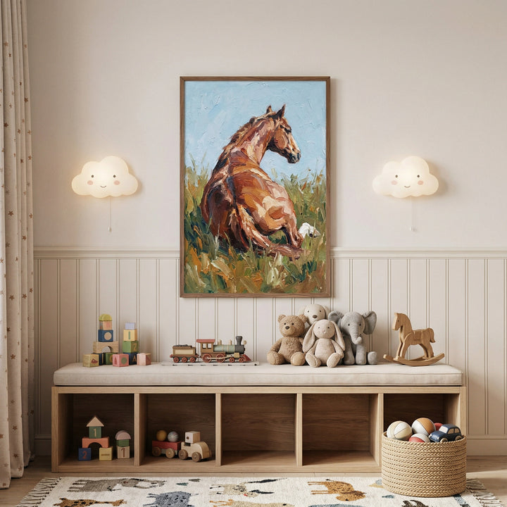 A vertical artwork framed in natural wood features a brown horse shown from behind, turning its head to look back. The horse is depicted in a field of green and yellow tall grass against a light blue sky, created with thick, textured strokes.
