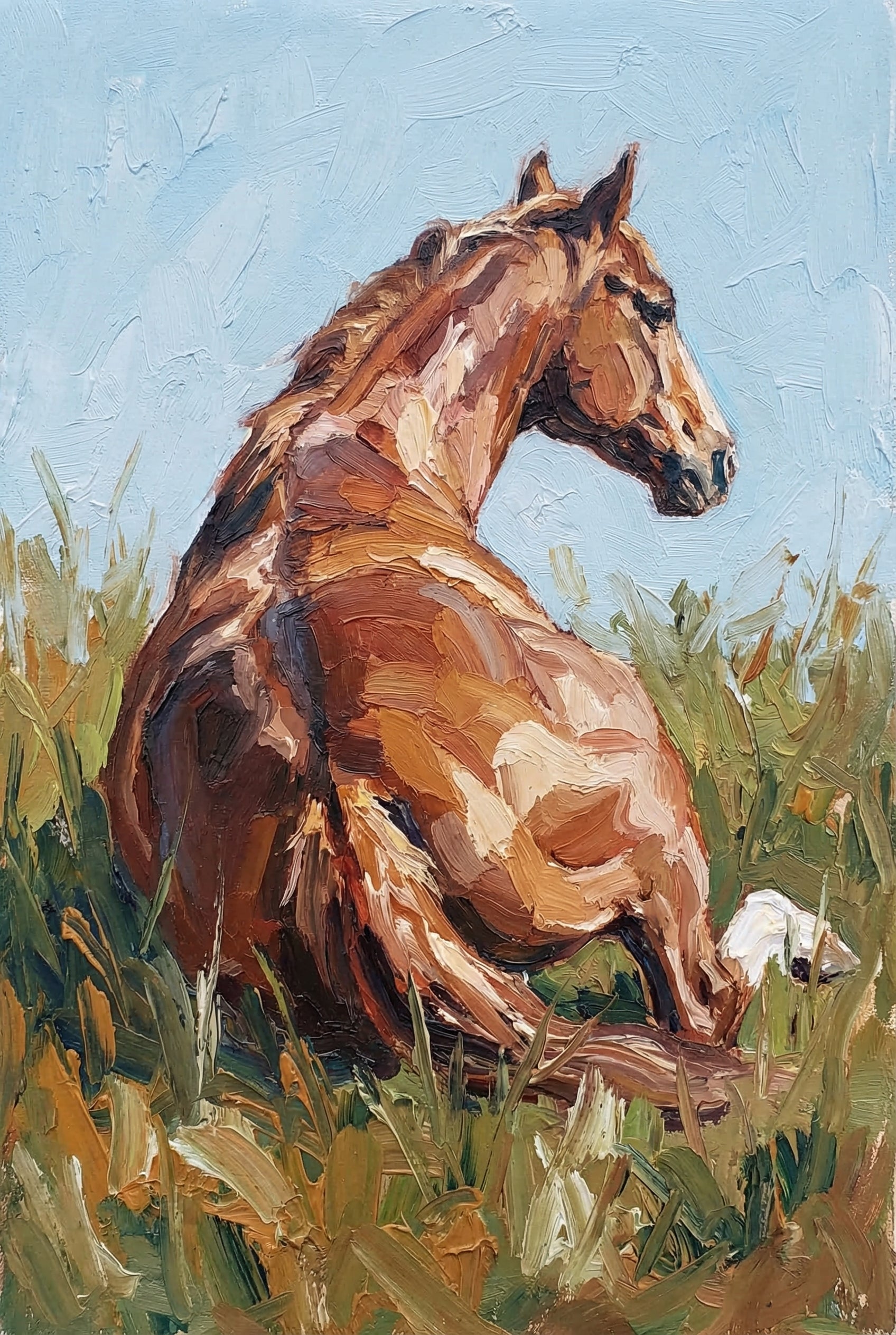 Thick Impasto Sitting Horse Wall Art - Amber Stallion Rest