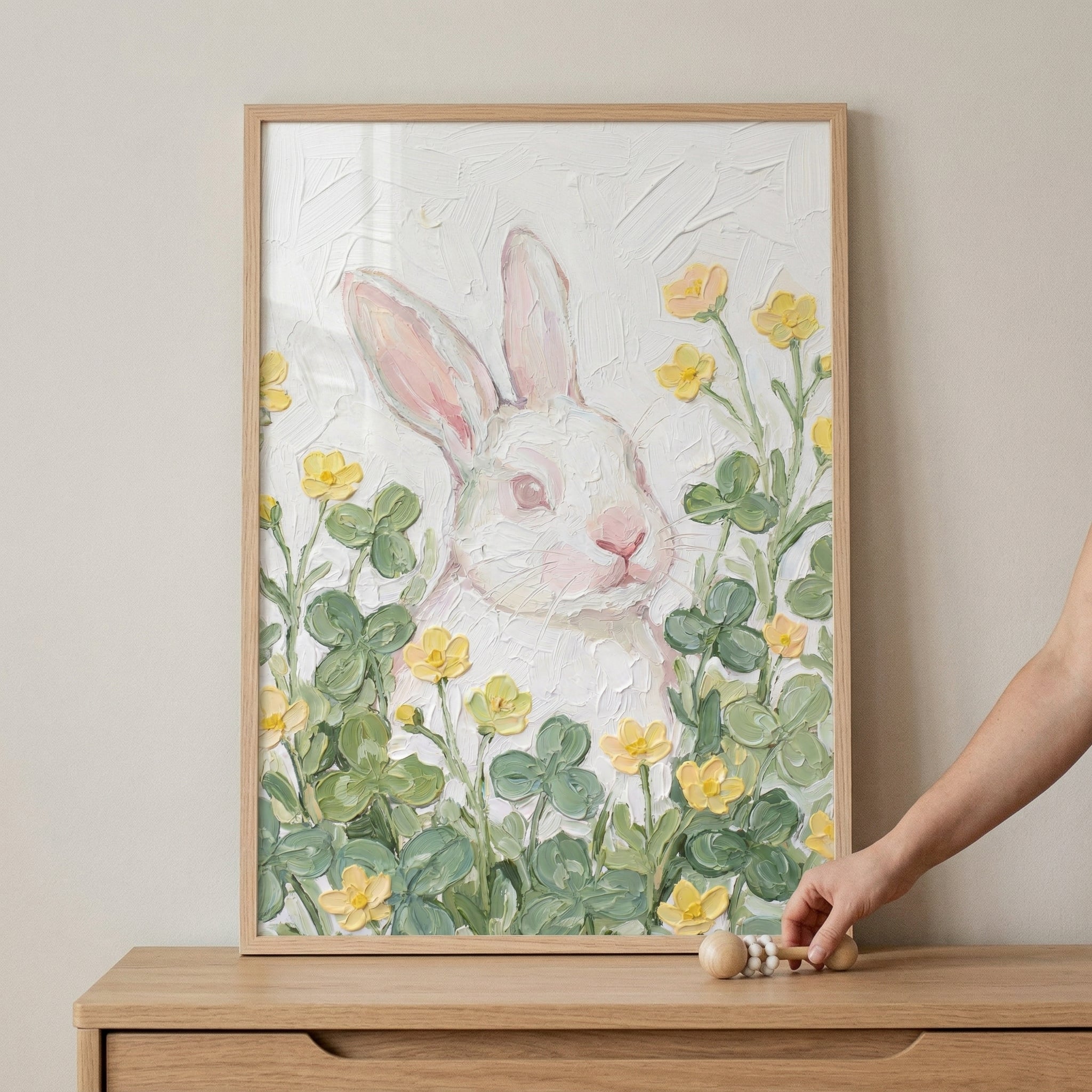 Thick Impasto White Rabbit Wall Art - Spring Meadow Bunny