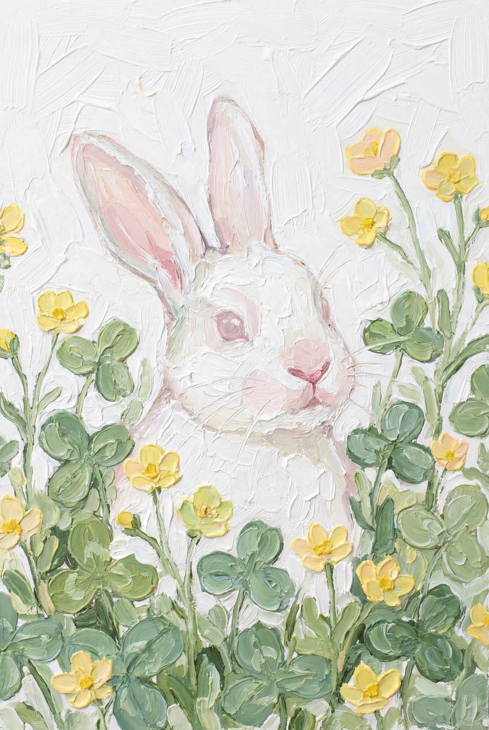 Thick Impasto White Rabbit Wall Art - Spring Meadow Bunny