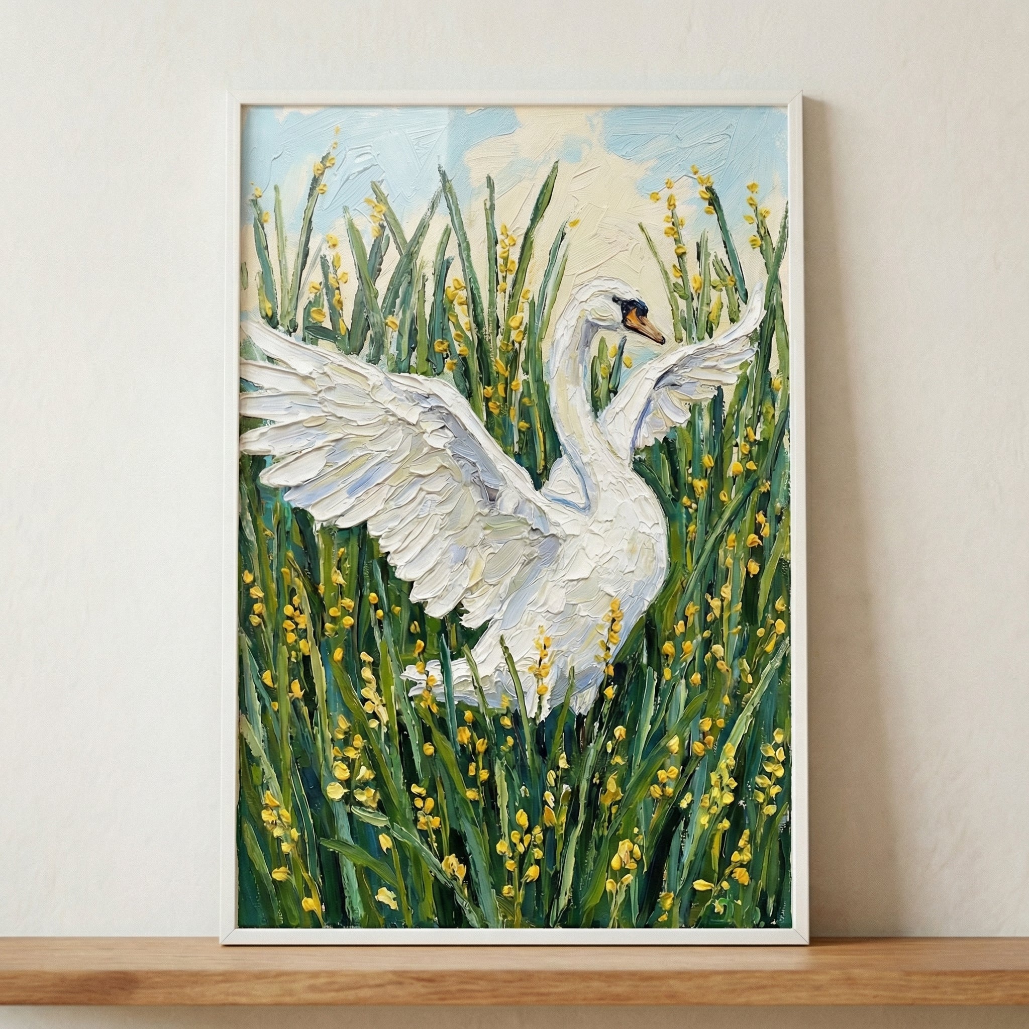 Thick Impasto White Swan Wall Art - White Wings Rising