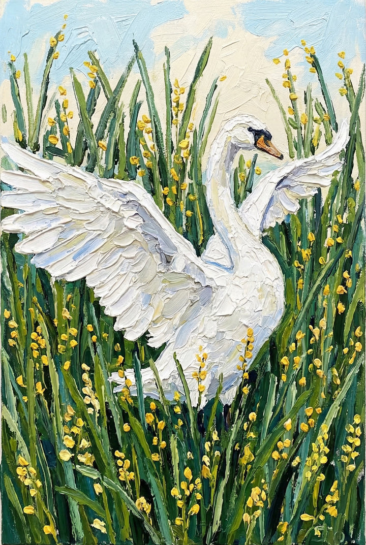 Textured painting of a white swan with wings outstretched standing among tall green grasses dotted with small yellow flowers under a soft blue sky. Thick brushstrokes add depth and movement, making the swan the focal point within a lush natural scene.