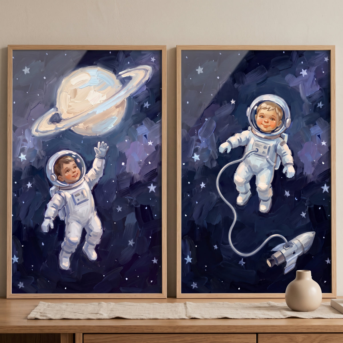 Thick oil baby astronaut wall art set of 2 featuring space scenes with a ringed planet, stars, and a small rocket.