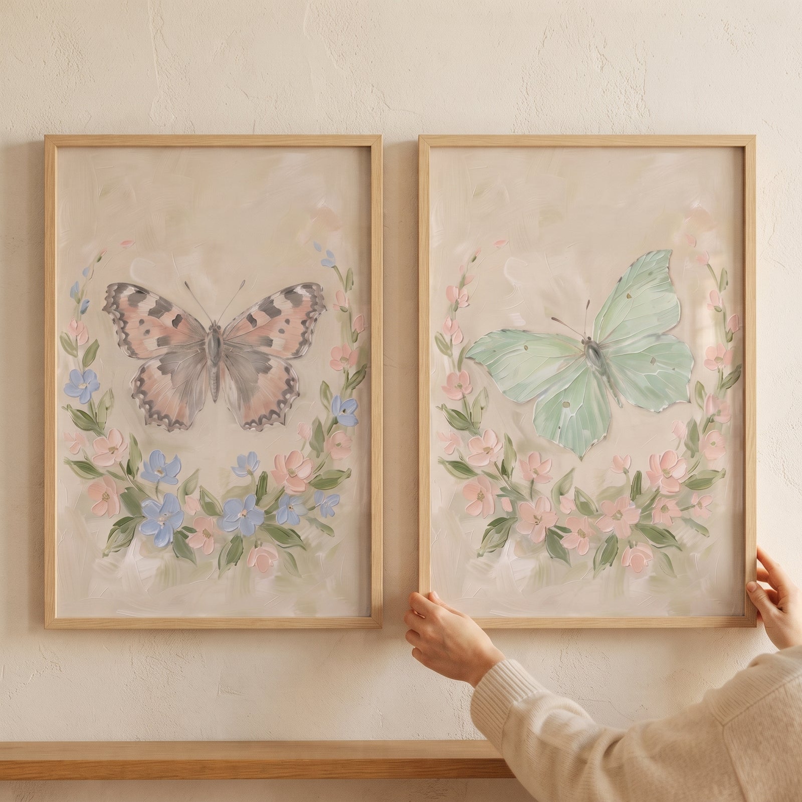 Hands hold a thick oil floral butterfly wall art set of 2 in wood frames with pink and green butterflies and flower wreaths.