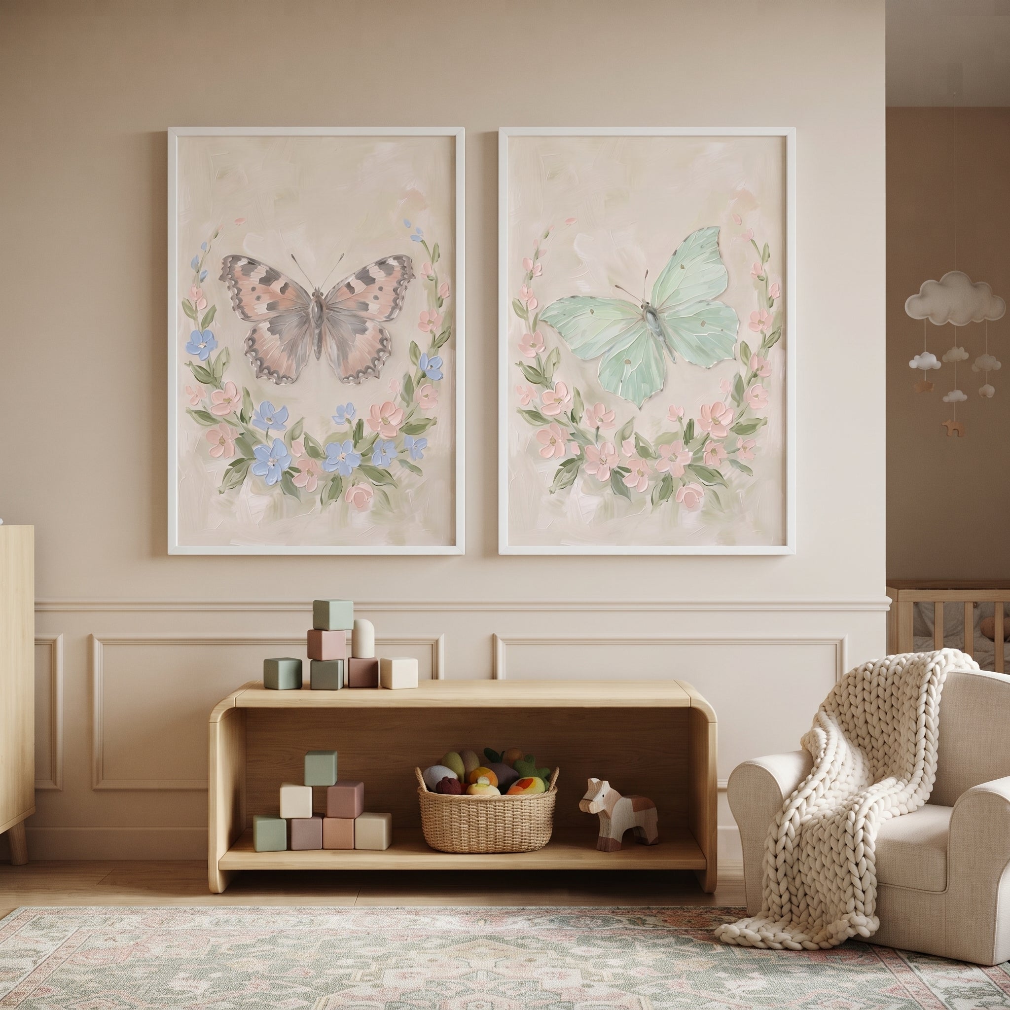 Thick Oil Floral Butterfly Wall Art Set of 2 - Spring Floral Wings