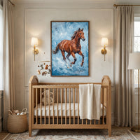 An elegant and serene nursery interior. The focal point is a large, vertically-oriented rectangular framed canvas print prominently displayed on the wall. It depicts a majestic brown horse galloping with its mane flowing, set against a dynamic, textured background of swirling blue and white tones. 

