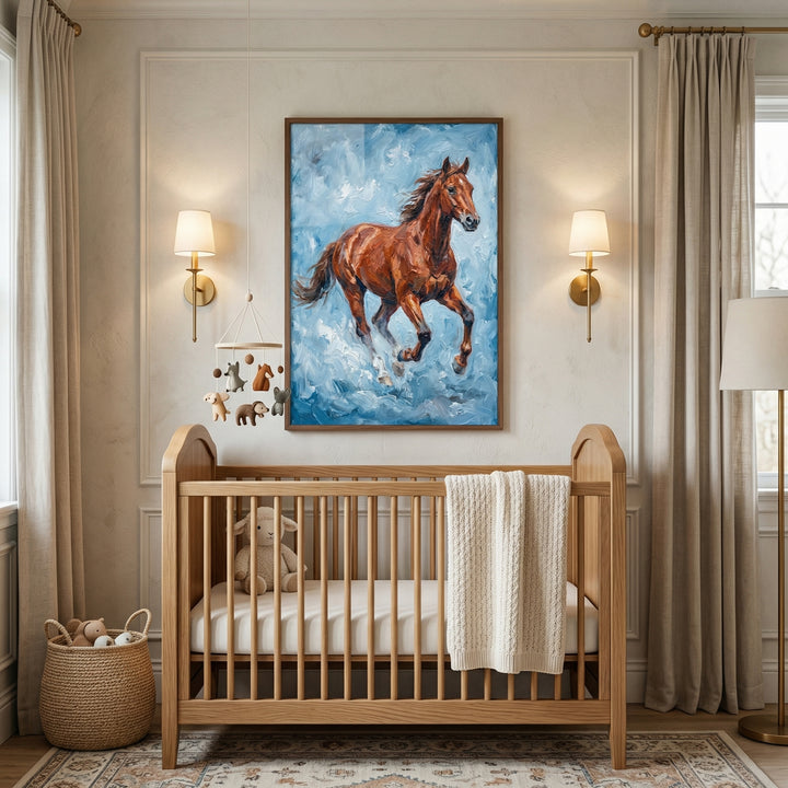 An elegant and serene nursery interior. The focal point is a large, vertically-oriented rectangular framed canvas print prominently displayed on the wall. It depicts a majestic brown horse galloping with its mane flowing, set against a dynamic, textured background of swirling blue and white tones. 
