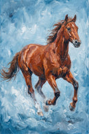 A rich brown horse gallops through splashing water with a soft blue sky behind it. The expressive brushwork captures motion and power as the horse moves through the waves.
