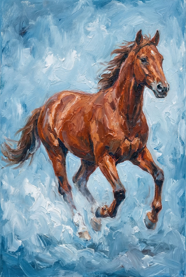 A rich brown horse gallops through splashing water with a soft blue sky behind it. The expressive brushwork captures motion and power as the horse moves through the waves.

