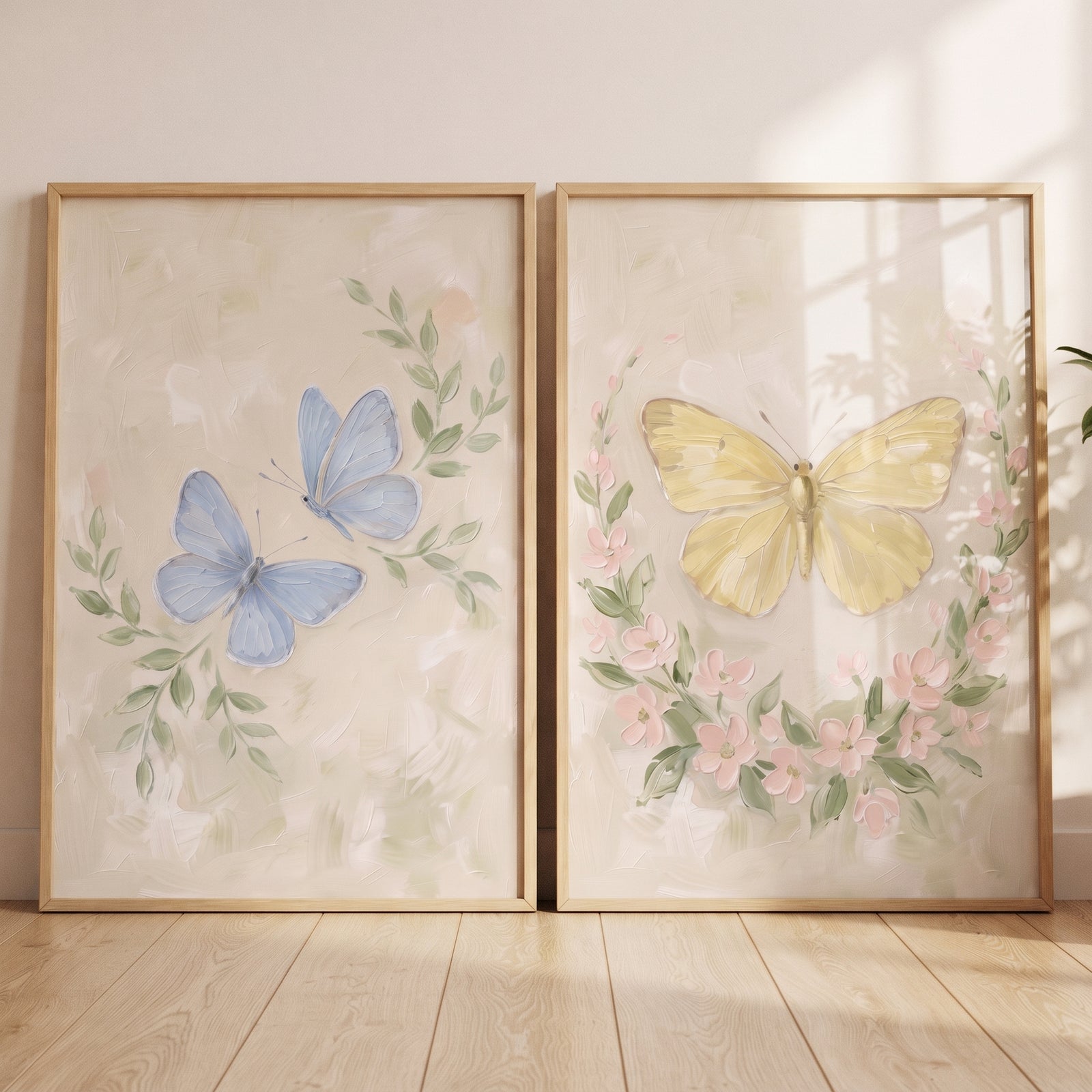 Thick stroke botanical butterfly wall art set of 2 in wood frames featuring blue and yellow butterflies with pink flowers.