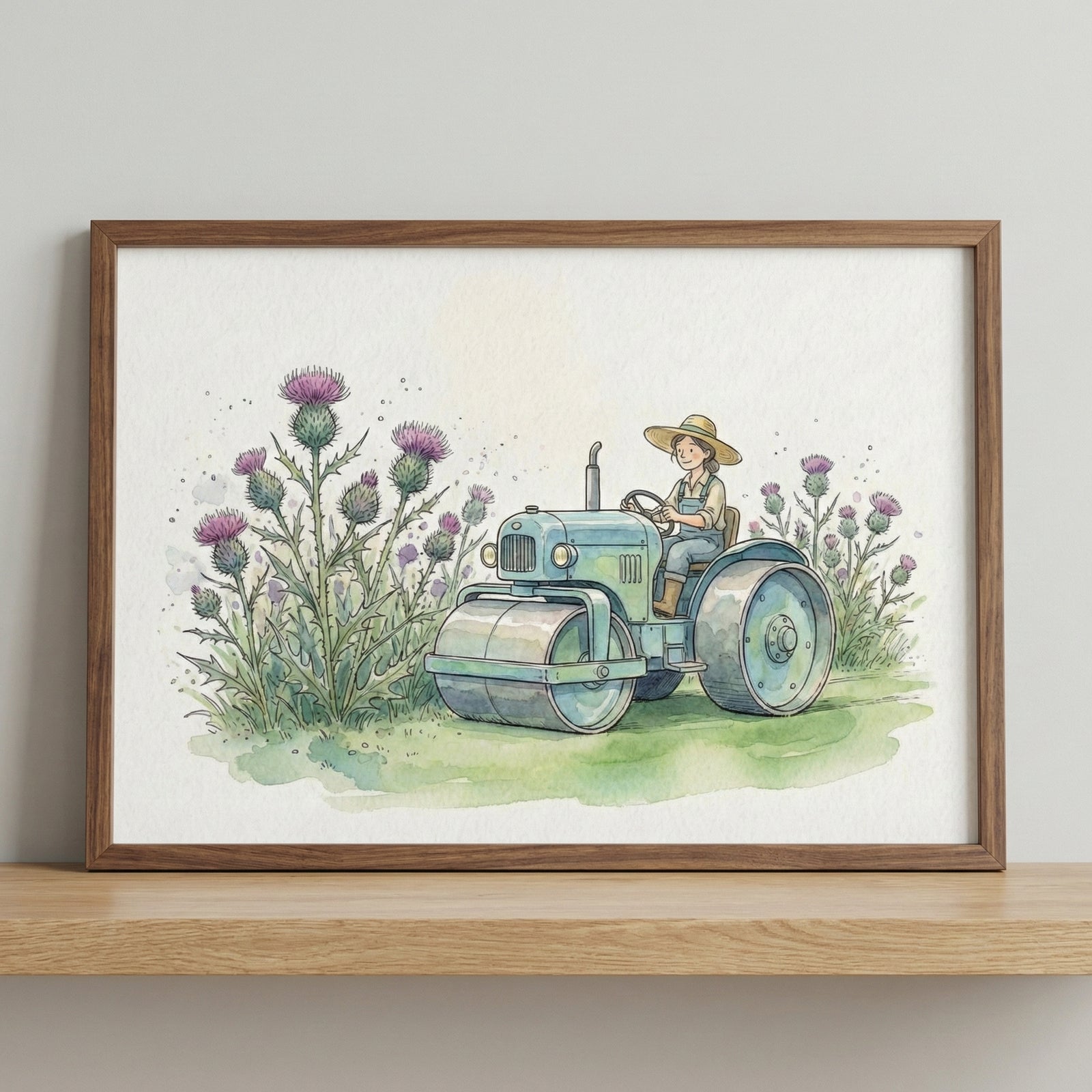 Framed watercolor artwork of a smiling farmer driving a light blue tractor beside a patch of tall, blooming thistles with purple flowers. The painting rests on a wooden shelf against a soft gray wall.
