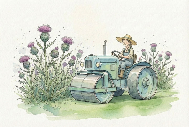 Watercolor illustration of a smiling farmer in overalls and a straw hat driving a light blue vintage tractor past tall, blooming thistle plants with purple flowers. The scene combines rustic charm with botanical beauty in a peaceful countryside setting.