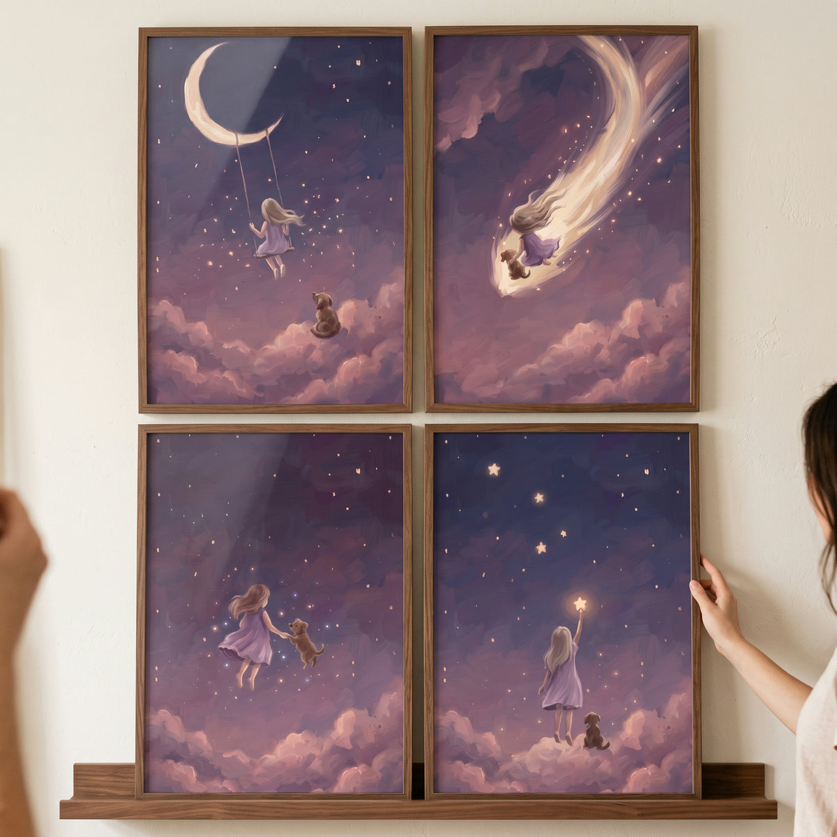 Thistle floating girl dog wall art set of 4 illustrates a child and pet in a purple dreamy starry sky.