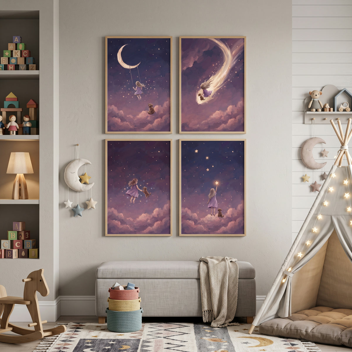Thistle Floating Girl Dog Wall Art Set of 4 - Celestial Night Magic