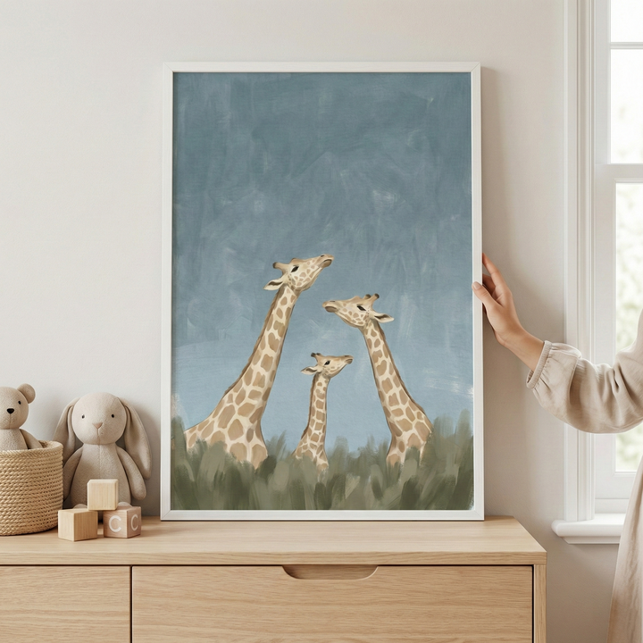 An illustration of three giraffes—two adults and one smaller calf—is featured in a vertical white frame resting on a light wood dresser. The artwork uses soft colors, with the giraffes shown against a textured blue background and green brushstrokes representing grass at the bottom. To the left of the frame, a plush rabbit and a small plush bear in a woven basket sit next to three wooden blocks. A hand is visible touching the side of the frame. The setting is a bright room with neutral walls.