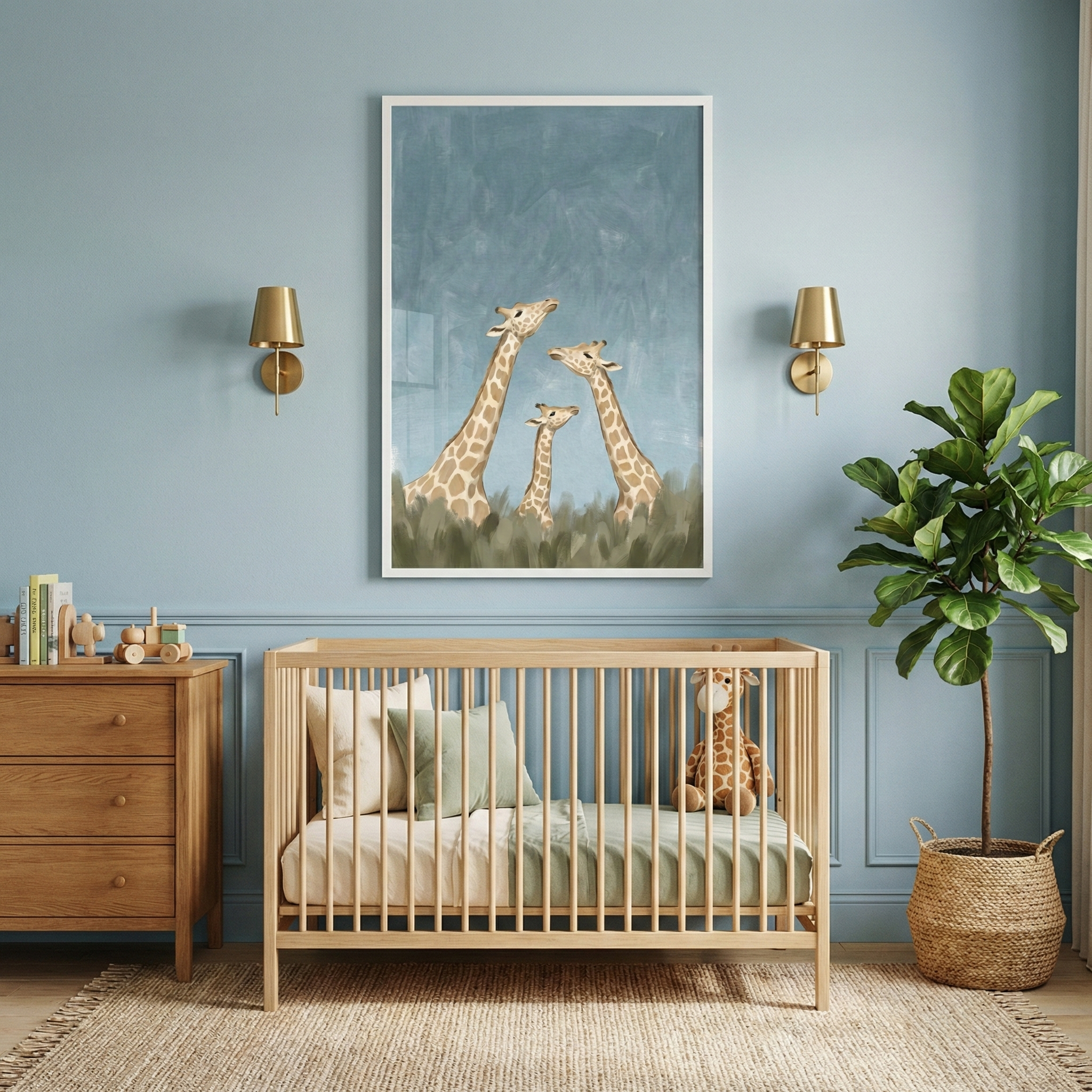 Nursery room with soft blue walls featuring a framed illustration of three giraffes—two adults and a baby—standing in tall grass against a dusky blue background. A light wood crib sits below the artwork, styled with sage green and cream bedding, a plush giraffe toy, and natural accents like a potted plant and woven rug.