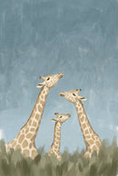 A warm illustration of three giraffes standing close together in tall grass, their heads tilted in a gentle, affectionate interaction.