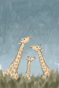 A warm illustration of three giraffes standing close together in tall grass, their heads tilted in a gentle, affectionate interaction.