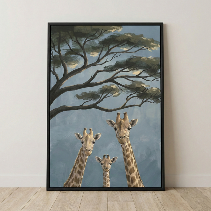 A vertical framed artwork depicts three giraffes—two adults and a smaller calf—peering forward from the bottom of the frame. The animals are rendered with distinct brown-patterned coats and soft facial features. Above them, the dark, sprawling branches of a large tree with textured green foliage reach across the scene. The background consists of a muted, hazy blue with visible brushstrokes, creating a calm atmosphere. 
