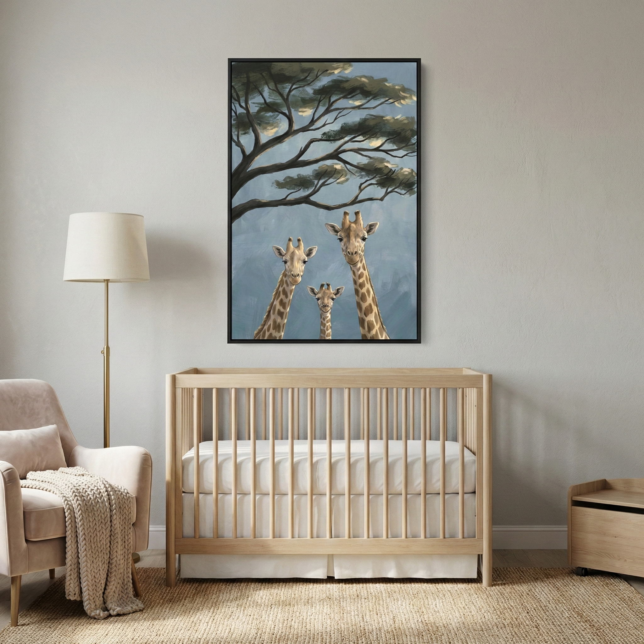 A serene nursery featuring a light-toned wooden crib centered against a neutral wall. Above the crib hangs a large framed piece of art depicting three giraffes—two taller ones and a smaller one nestled between them—under the spreading branches of a leafy tree set against a soft blue background. To the left of the crib, a plush armchair holds a thick, knit blanket, and a classic floor lamp with a beige shade stands nearby. On the right, a small wooden storage chest on wheels rests on the floor. 