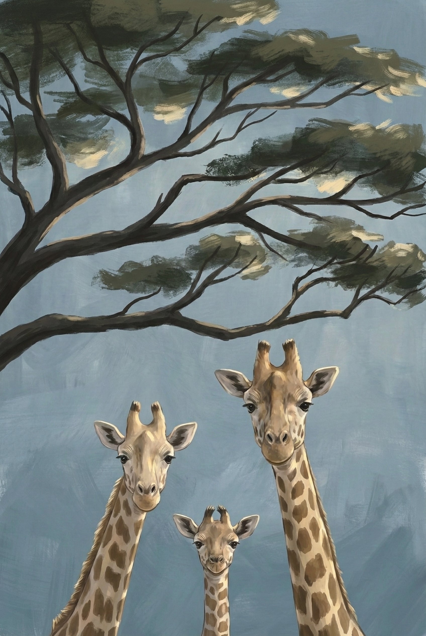 A charming and whimsical painting of three giraffes—two adults and one baby—peeking curiously toward the viewer against a soft blue background. Above them, abstract tree branches with muted green foliage stretch across the sky, adding a sense of depth and tranquility. The piece captures a heartwarming family moment in the wild with playful expression and a serene color palette.