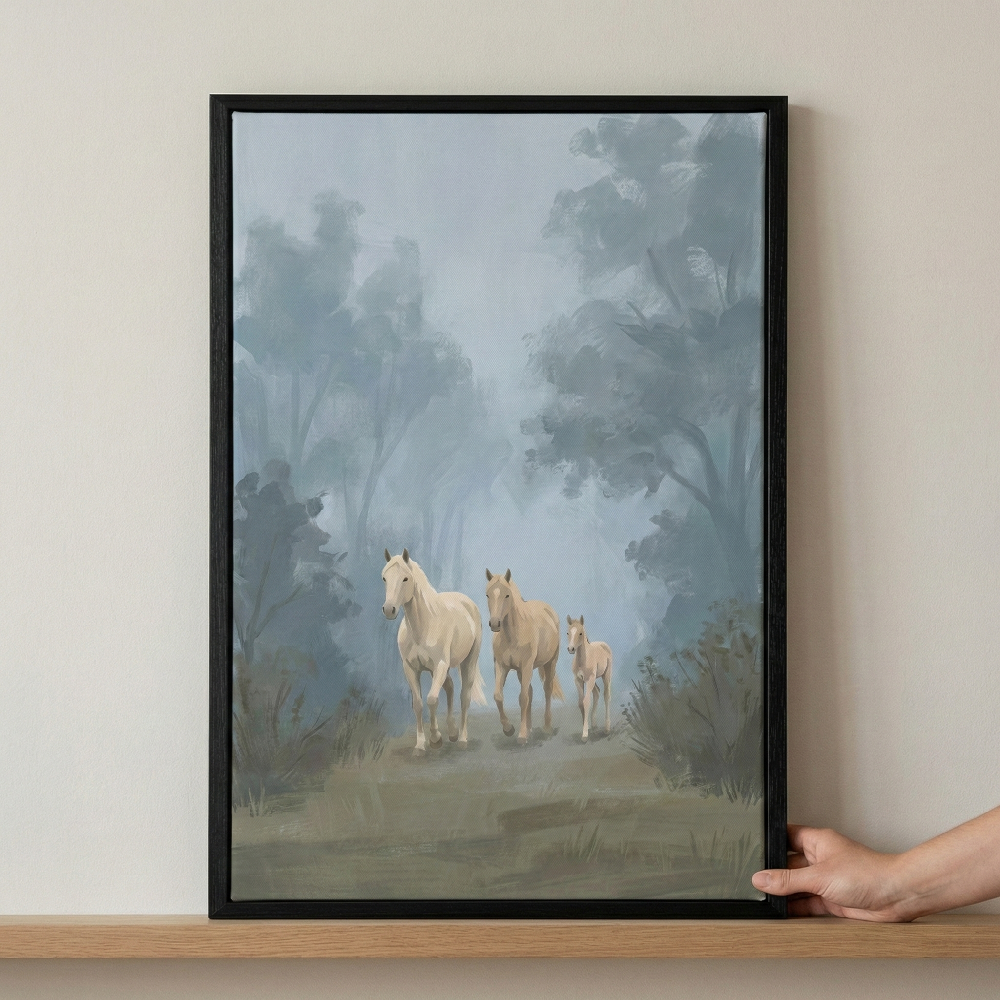 A vertical framed artwork shows three horses walking along a path in a misty forest. A large white horse leads a tan horse and a small foal. The background features tall, hazy trees obscured by a soft blue-gray fog. The scene is rendered with visible brushstrokes in muted tones of gray, blue, and green. The piece is in a thin black frame, which is being held by a hand on the bottom right as it sits on a wooden shelf against a neutral wall.