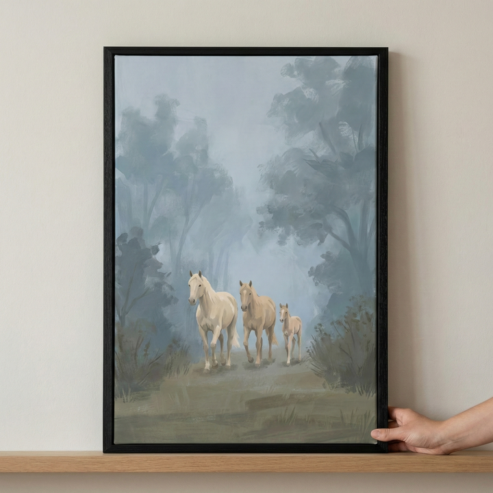 A vertical framed artwork shows three horses walking along a path in a misty forest. A large white horse leads a tan horse and a small foal. The background features tall, hazy trees obscured by a soft blue-gray fog. The scene is rendered with visible brushstrokes in muted tones of gray, blue, and green. The piece is in a thin black frame, which is being held by a hand on the bottom right as it sits on a wooden shelf against a neutral wall.