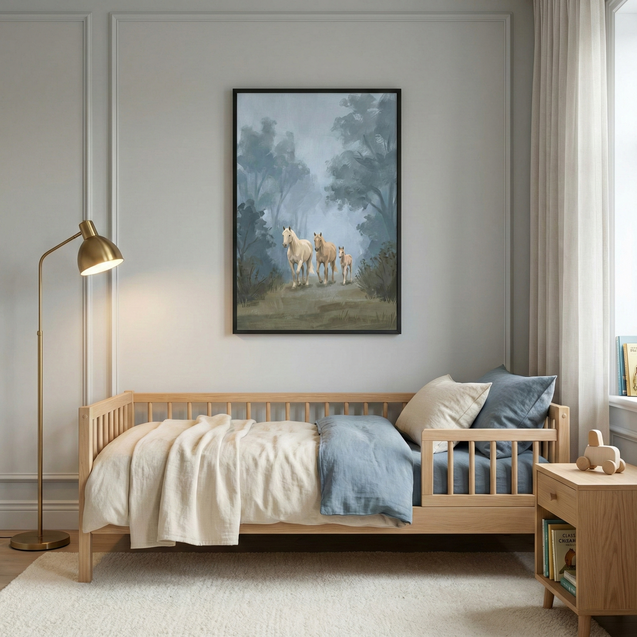 A peaceful child's bedroom features a light-colored wooden daybed set against a pale gray wall with elegant molding. The bed is dressed with a soft cream-colored knit blanket draped over neutral-toned sheets. A light blue duvet is folded at the foot, and two pillows—one cream and one blue—rest against the side. 

