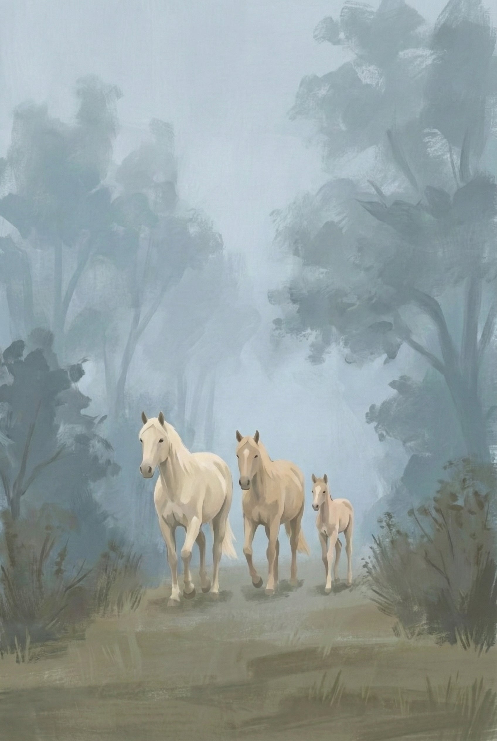 A trio of horses—two adults and a foal—walk calmly through a foggy forest path, fading softly into the dreamy atmosphere.
