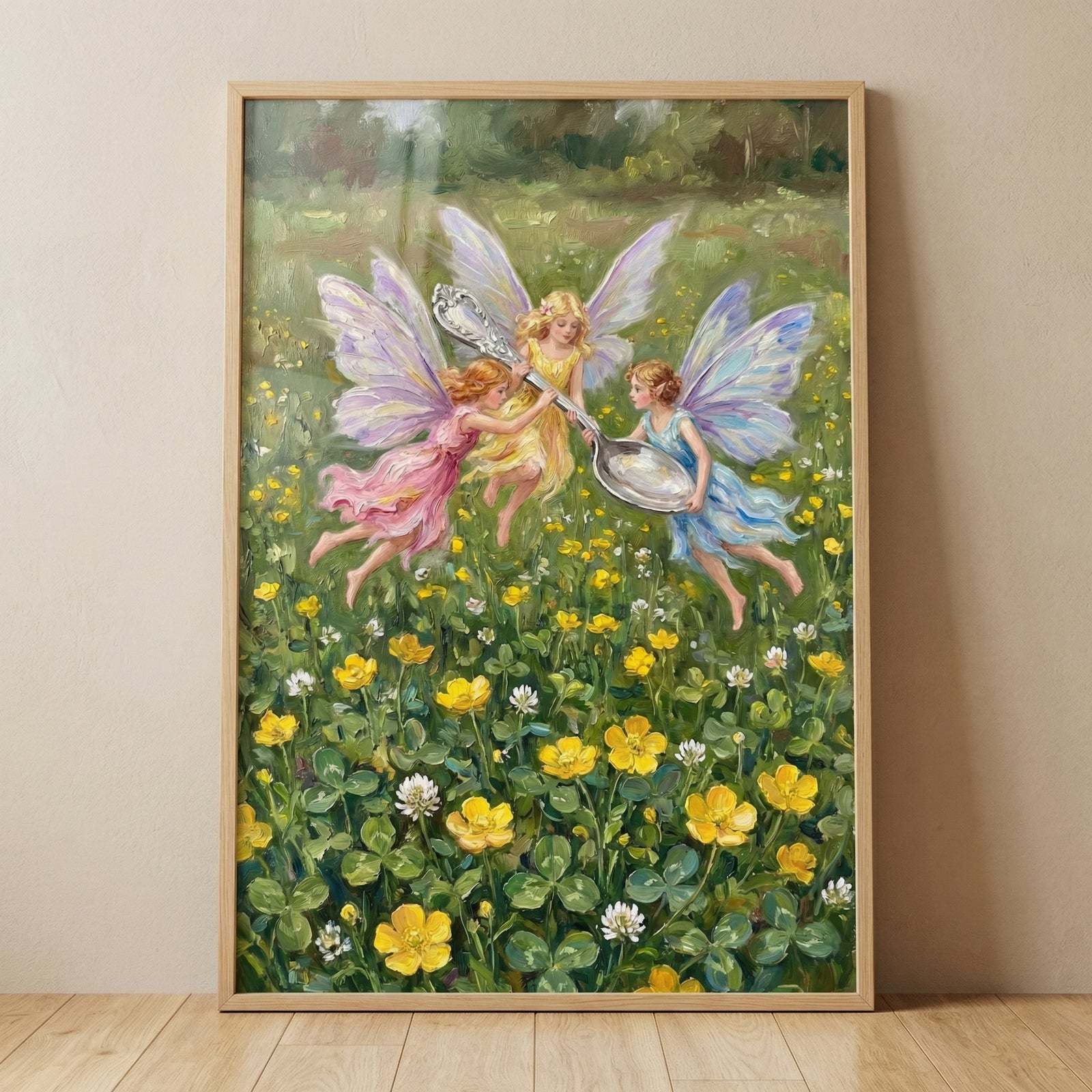 This framed artwork captures an ethereal scene of three delicate, winged sprites soaring above a vibrant meadow. The mythical beings are shown collaborating to carry a large, ornate silver spoon. One sprite, dressed in a flowing pink gown with iridescent lavender wings, holds the end of the spoon's handle. 