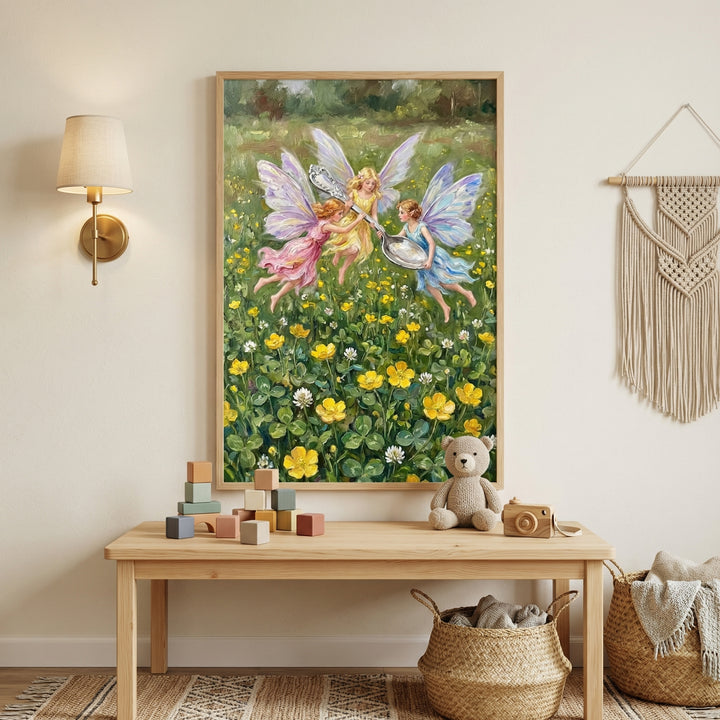 A vertical wooden frame displays an impressionistic scene of three ethereal, winged figures floating above a vibrant meadow filled with yellow and white wildflowers. Each figure is dressed in a different pastel color—pink, yellow, and blue—and together they support a large, ornate silver spoon. 