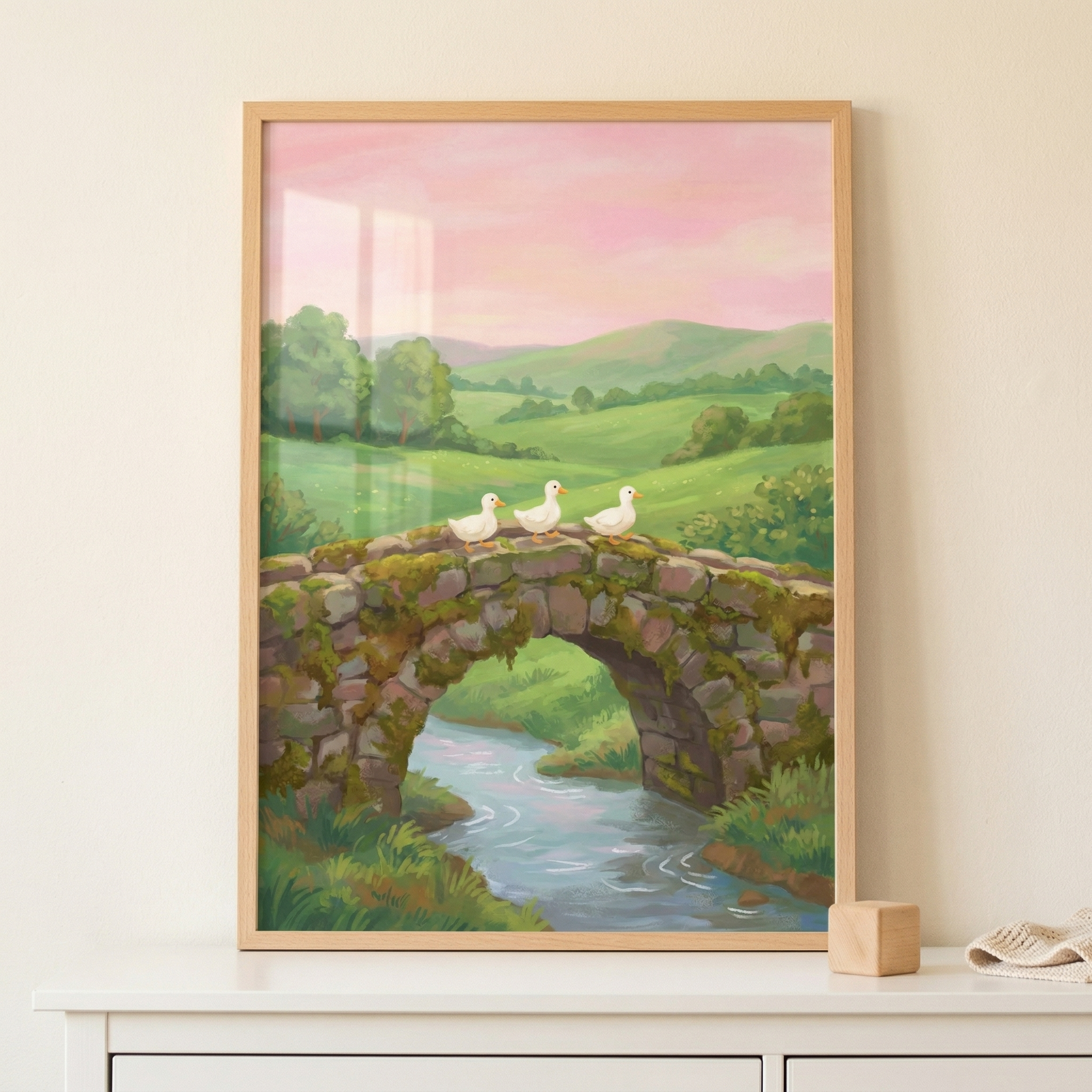 Three White Ducks On Bridge Wall Art - Duckling Bridge Parade