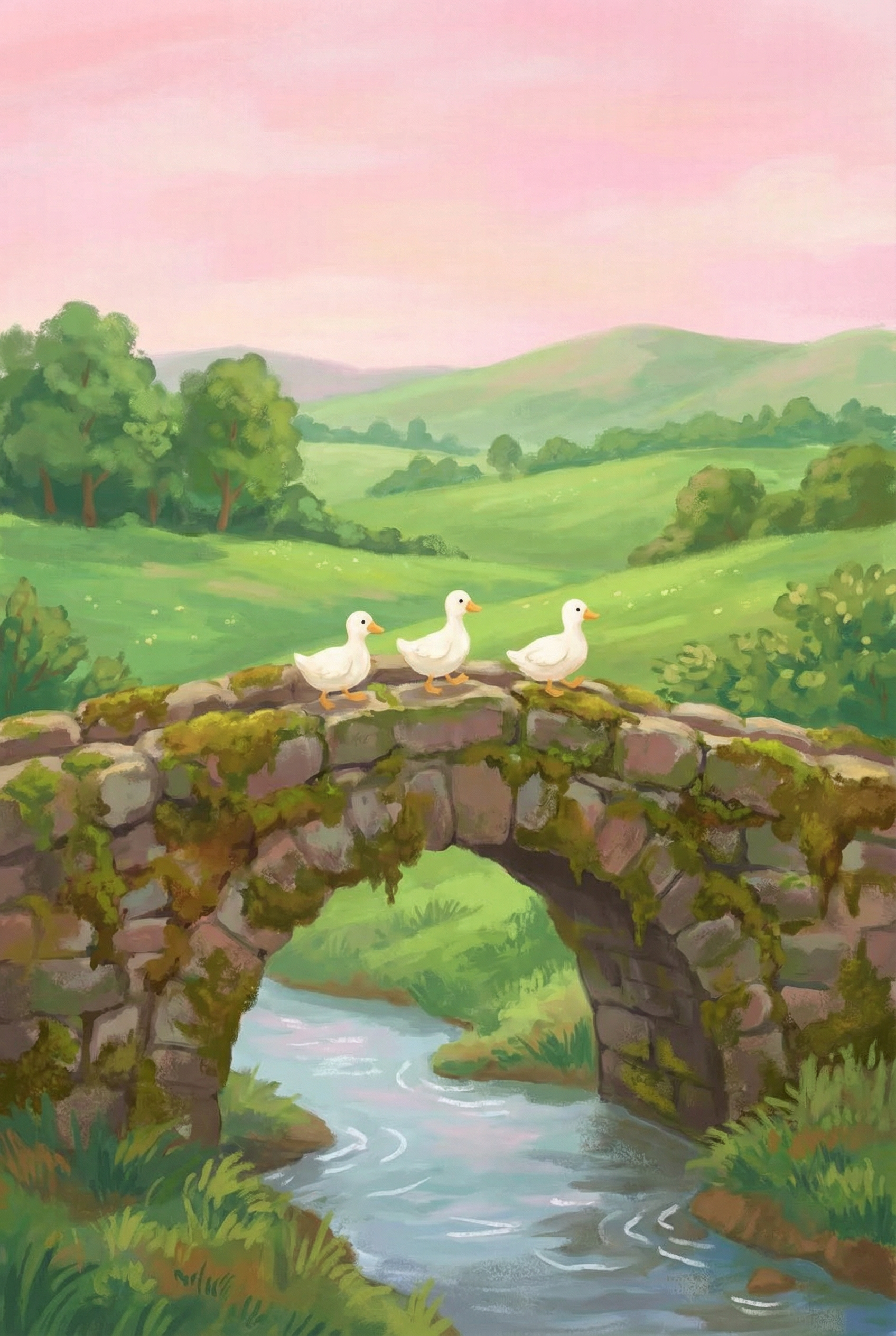 Three White Ducks On Bridge Wall Art - Duckling Bridge Parade