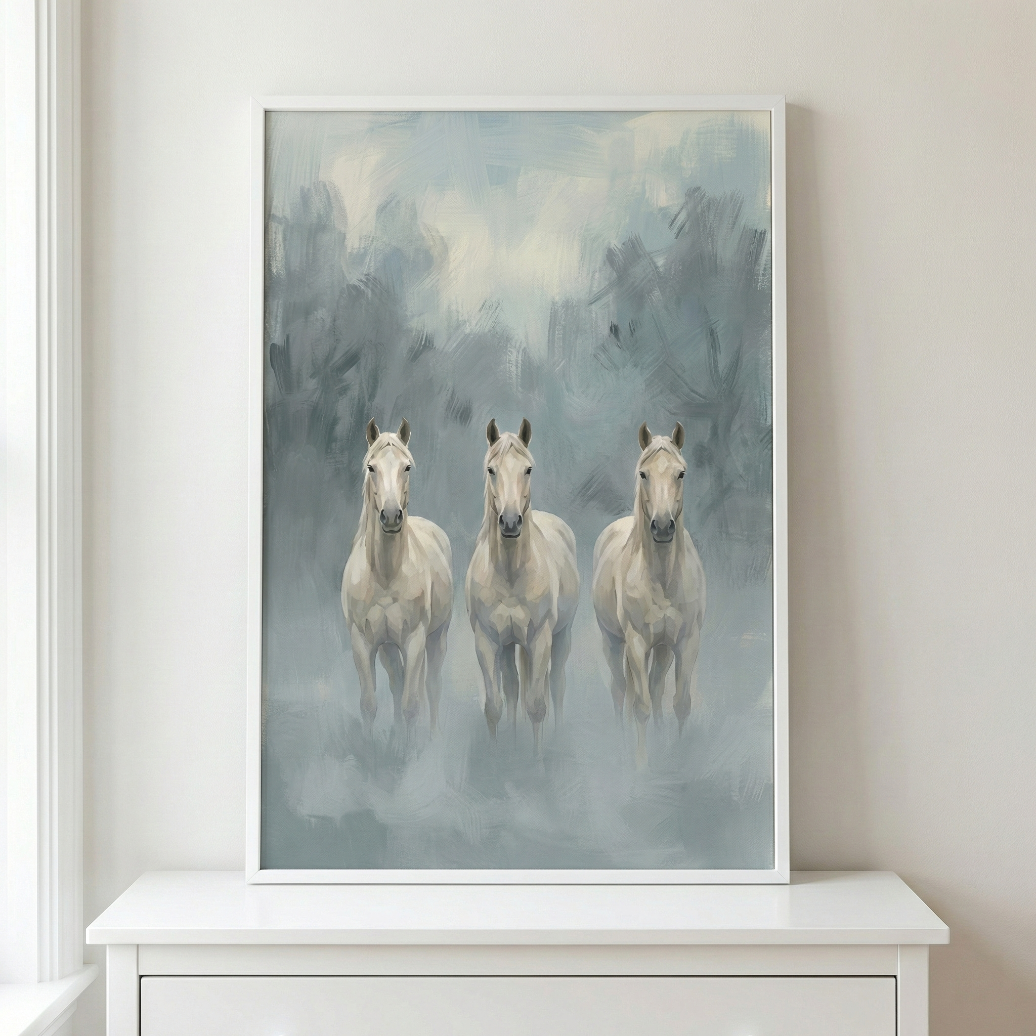 A vertical framed artwork depicts three white horses standing side-by-side, facing forward. They appear to be emerging from a hazy, ethereal background composed of broad, textured brushstrokes in shades of muted blue and gray. The overall tone is calm and atmospheric. This piece is housed in a thin white frame and sits on a white dresser or console table against a plain, light wall. The style is impressionistic and emphasizes texture and light.