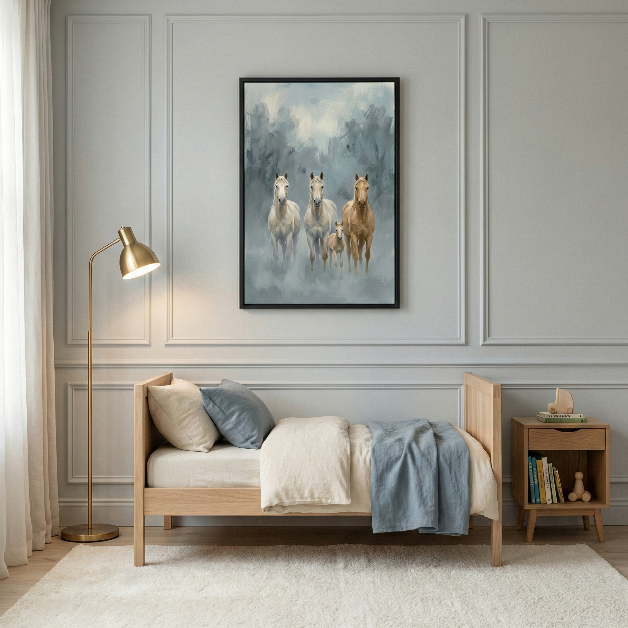 A serene, minimalist bedroom features light gray walls with elegant wall molding. A simple, light-colored wooden bed frame is dressed in soft cream-colored linens, accented by a single dusty blue pillow and a matching blue throw blanket. Centrally positioned above the bed is a large, black-framed artwork depicting a group of four horses—three adults and one young foal—standing together in a hazy, atmospheric environment of blues and soft whites. 