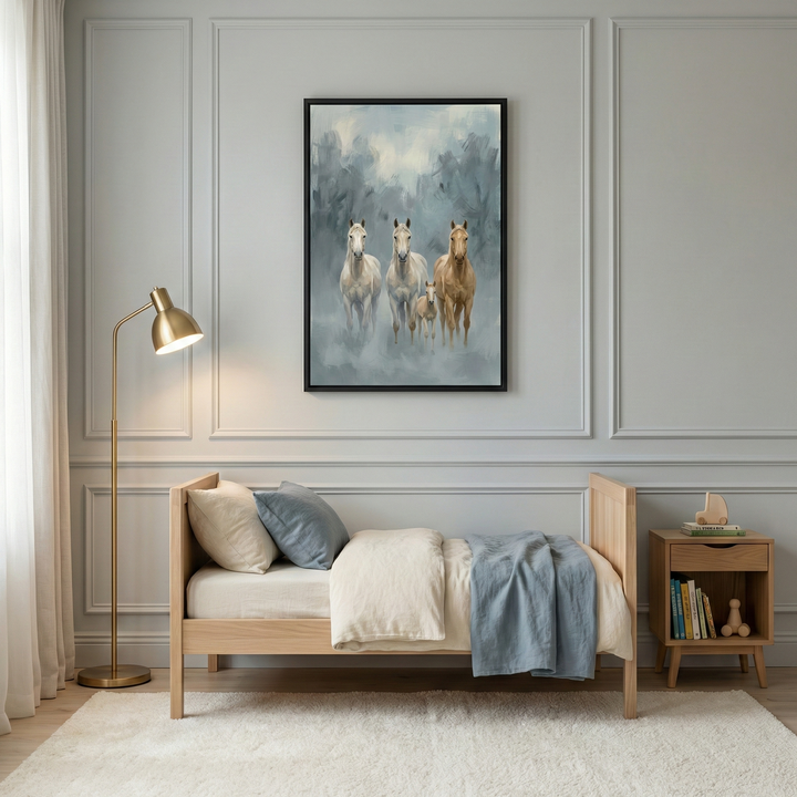 A serene, minimalist bedroom features light gray walls with elegant wall molding. A simple, light-colored wooden bed frame is dressed in soft cream-colored linens, accented by a single dusty blue pillow and a matching blue throw blanket. Centrally positioned above the bed is a large, black-framed artwork depicting a group of four horses—three adults and one young foal—standing together in a hazy, atmospheric environment of blues and soft whites. 