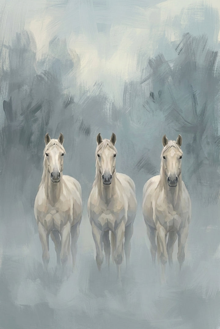 Three white horses stand alert and still, emerging from a veil of mist with a forest backdrop, gazing directly forward.
