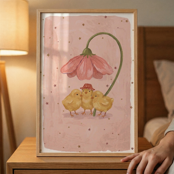 A framed illustration features three small, fluffy yellow chicks standing close together. The chick in the middle wears a tiny red and white checkered hat. Above them, a single large pink flower on a long, curved green stem hangs like an umbrella. The background of the artwork is a muted pink with a soft, textured appearance, adorned with small dark brown stars. The piece is held in a simple wooden frame and rests on a wooden table next to a glowing bedside lamp. 