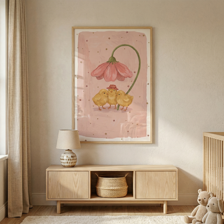 A framed illustration of three small yellow chicks huddled under a large, drooping pink flower hangs on a light beige wall in a nursery. The illustration has a soft pink background dotted with tiny stars, and the middle chick wears a small red and white checkered hat. Below the artwork is a light wood console table holding a ceramic lamp with a patterned base and a woven basket in an open shelf. To the left, a long neutral-toned curtain hangs beside a window. 