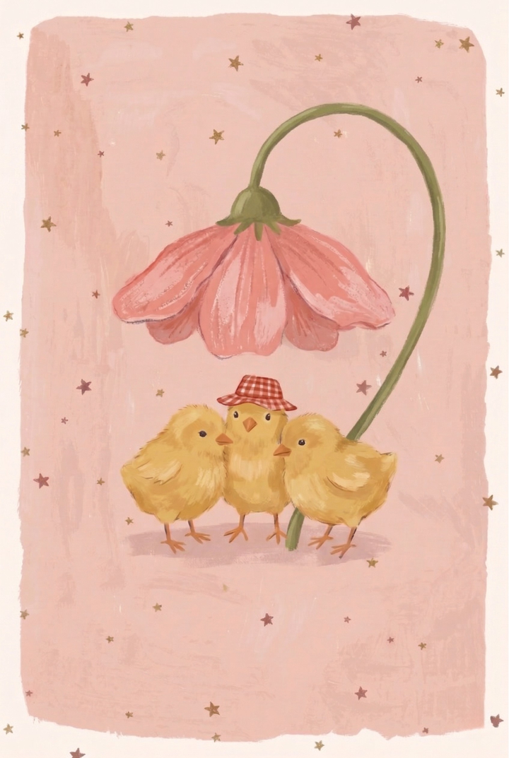 Three fluffy yellow chicks standing together beneath a large drooping pink flower on a blush pink background with tiny stars. The chick in the middle wears a red gingham hat.
